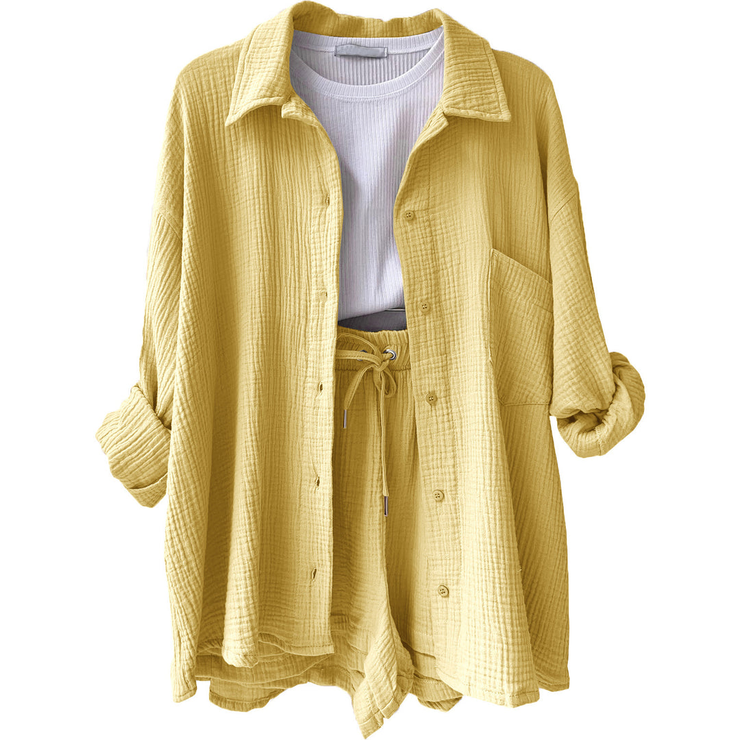 Women's casual oversized shirt and shorts set with chest pocket, drawstring, and brushed cotton texture Mune Fashion