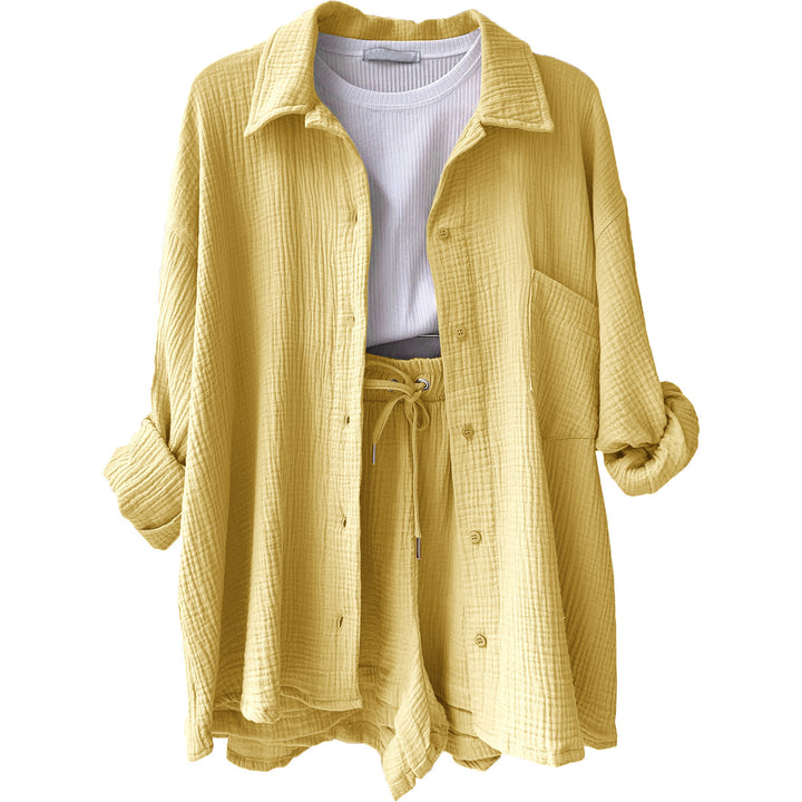 Women's casual oversized shirt and shorts set with chest pocket, drawstring, and brushed cotton texture Mune Fashion