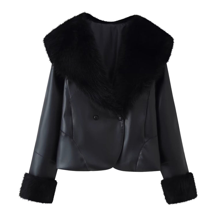 Women's short jacket made of synthetic leather with voluminous faux fur collar and fur cuffs Mune Fashion