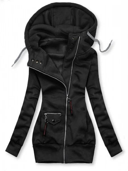 Women's Long Hooded Jacket with Asymmetrical Zipper and Zip Pocket Mune Fashion