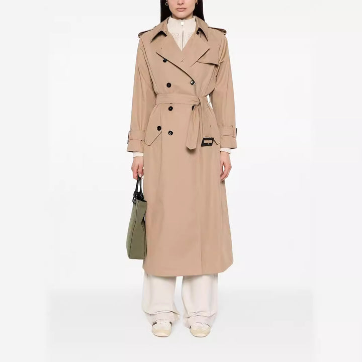 Women's trench coat in maxi length with double-breasted button placket and waist belt Mune Fashion