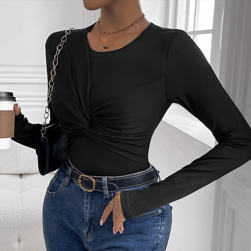 Women Figure-hugging Twist Long Sleeve with Knot Detail and Round Neckline Mune Fashion