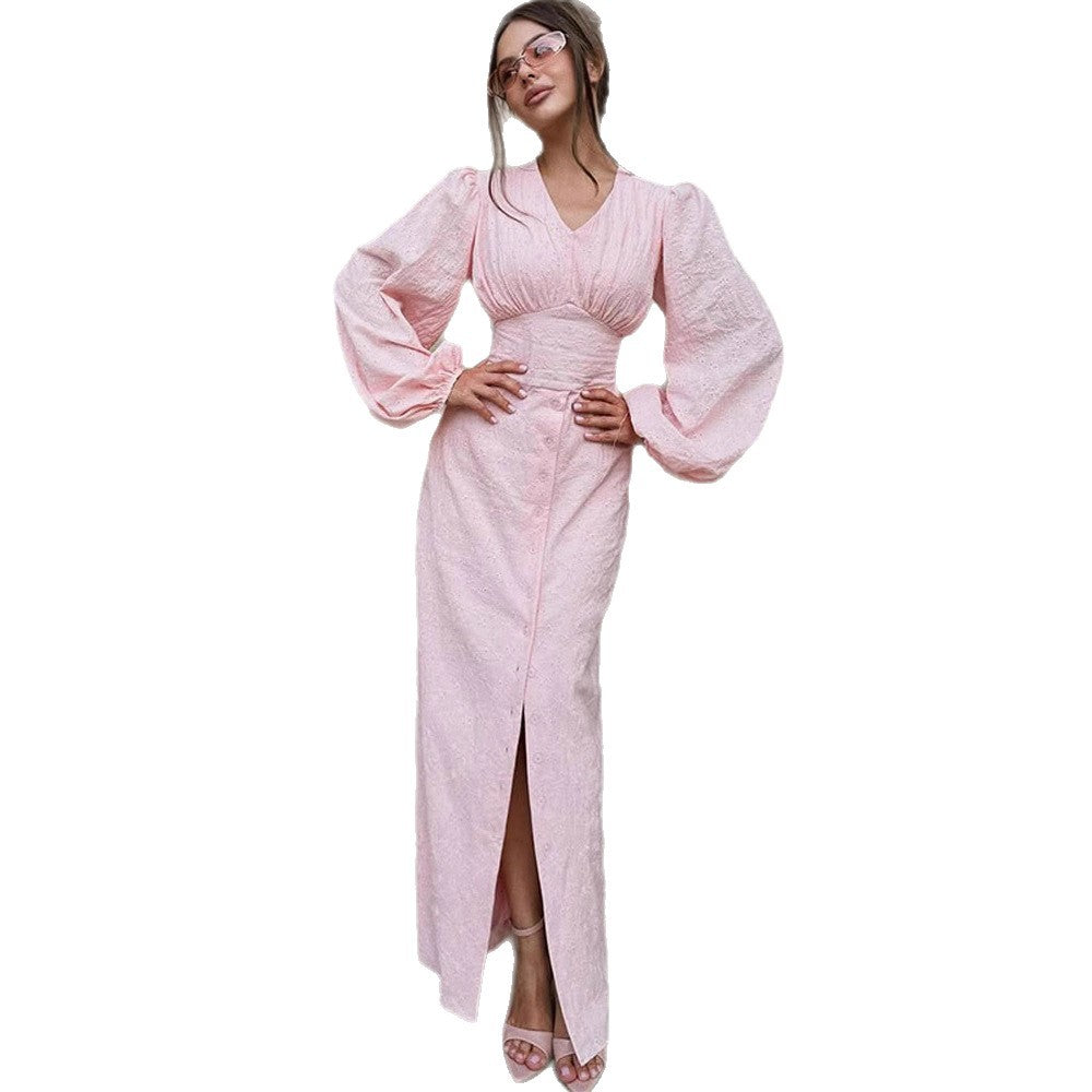 Ladies maxi dress with puff sleeves, fitted bodice and front button placket Mune Fashion