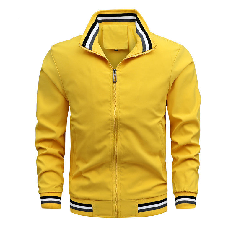 Men's Casual Bomber Jacket made of wind-resistant nylon with striped ribbed cuffs and stand-up collar Mune Fashion