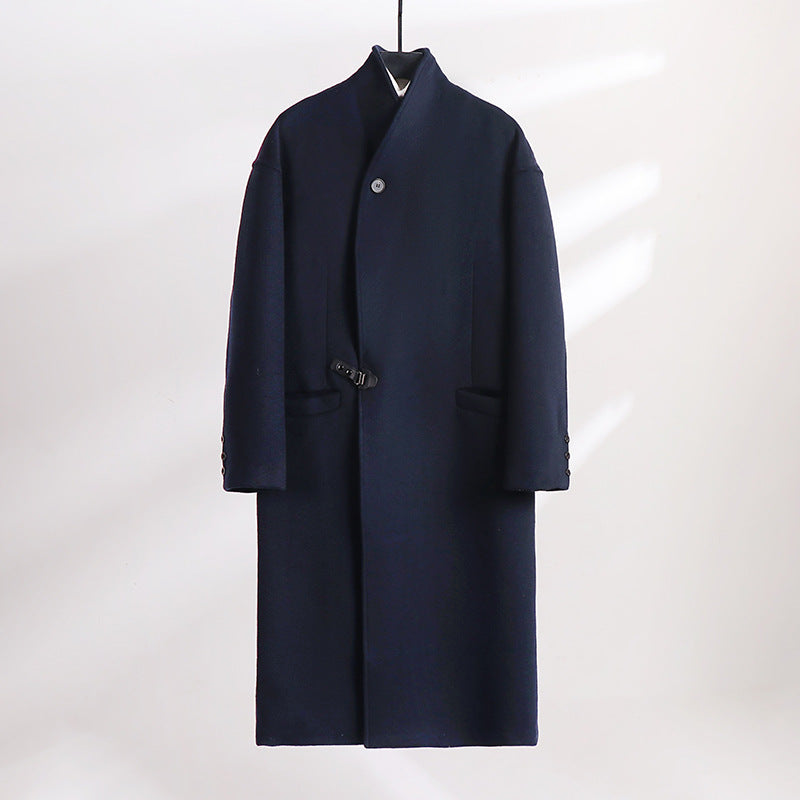 Men's Floor-Length Wool Blend Coat with Wide Shawl Collar and Decorative Toggle Closure Mune Fashion