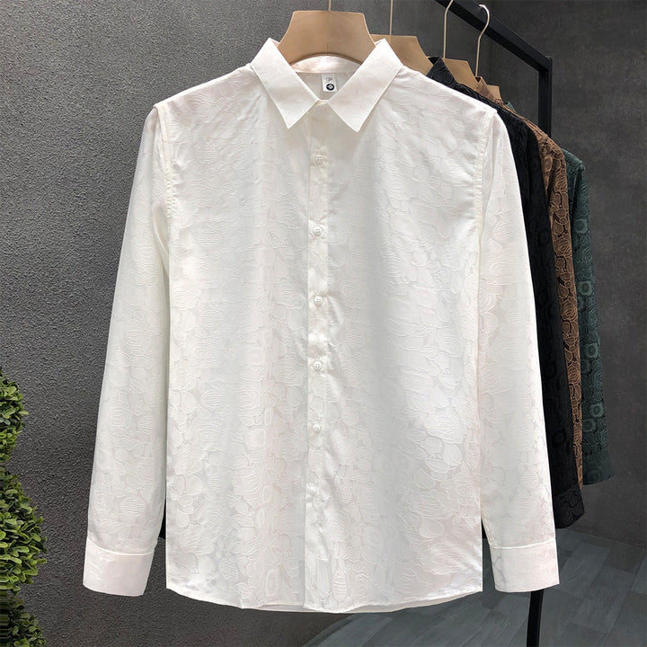 Men's Long Sleeve Jacquard Shirt with Fine Floral Relief and Kent Collar Mune Fashion
