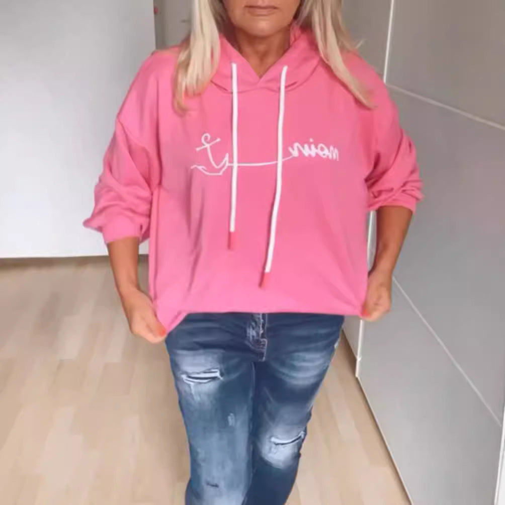 Women casual hoodie with minimalist line graphic, drawstring and ribbed hem Mune Fashion