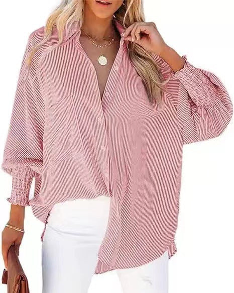 Women's loose fit striped blouse with shirt collar and gathered cuffs Mune Fashion