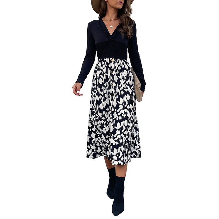 Women Elegant Wrap Dress with Long Sleeve and Floral Skirt Mune Fashion