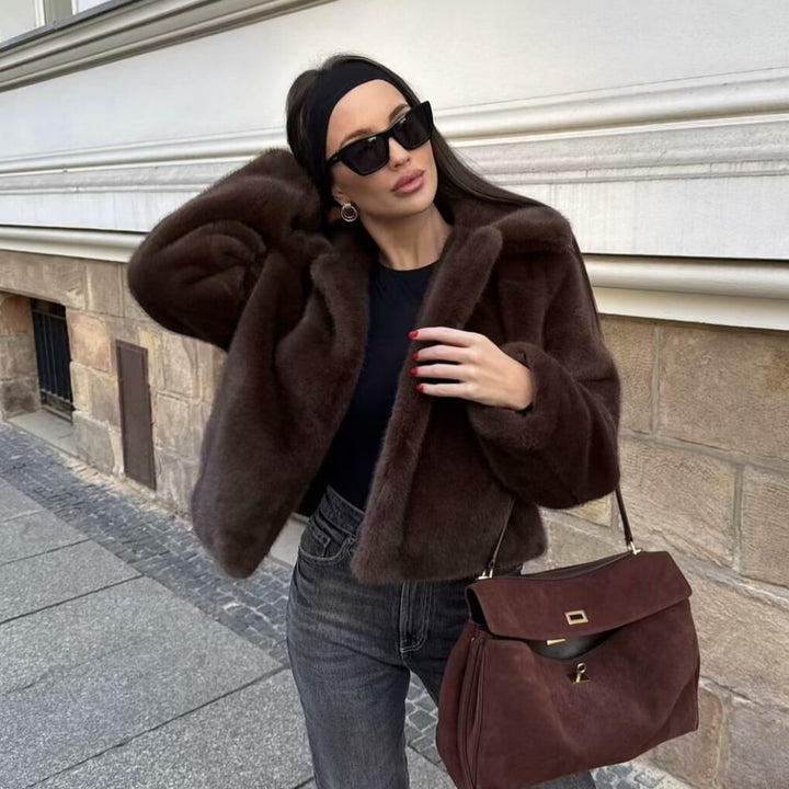 Women's Cropped Faux Fur Blouson with Lapel Collar and Soft Teddy Faux Fur Mune Fashion