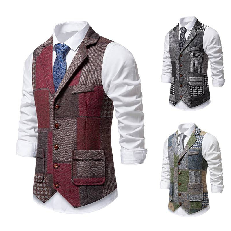 Men's nan Patchwork Vest with Notched Lapel Button Placket and Patch Pockets Mune Fashion