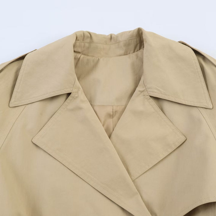 Women's Short Cape Trench with Double Button Placket, Wide Cape Sleeves and Waist Tie Belt Mune Fashion