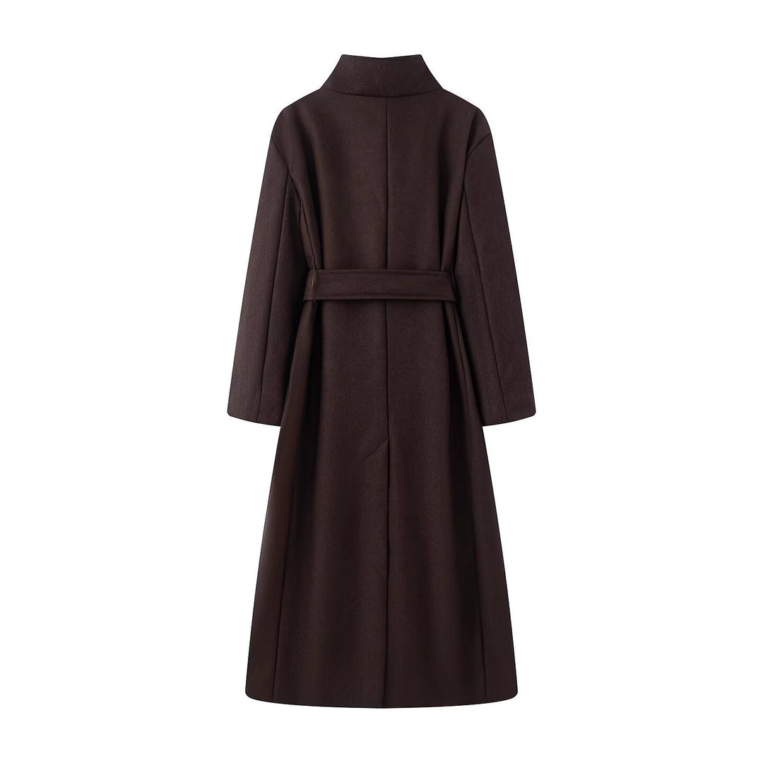 Women oversized wool blend coat with stand-up collar and tie belt Mune Fashion
