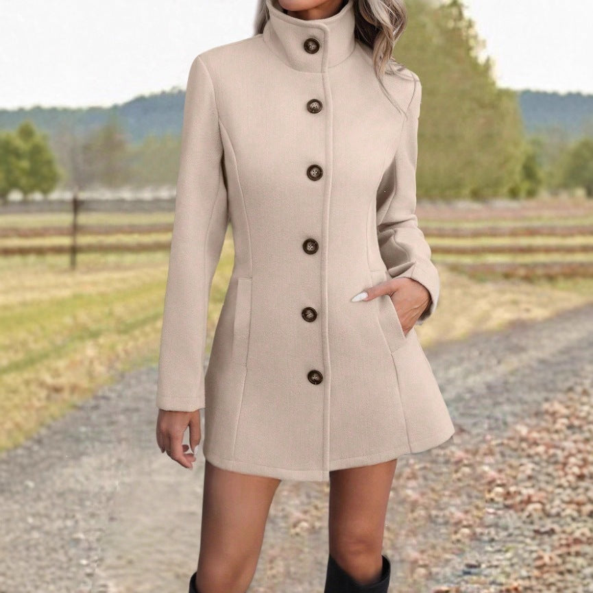 Women Tailored Wool Blend Coat with Stand-Up Collar, Full-Length Button Placket, and A-Line Silhouette Mune Fashion