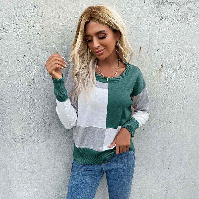 Women's patchwork knit sweater with contrasting panels, round neckline and ribbed hems Mune Fashion