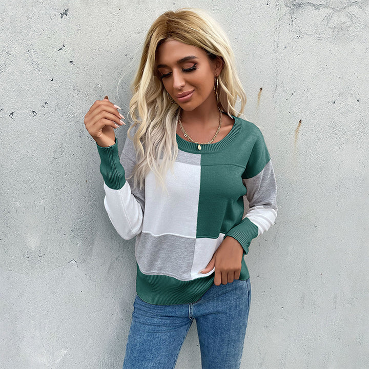 Women's patchwork knit sweater with contrasting panels, round neckline and ribbed hems Mune Fashion