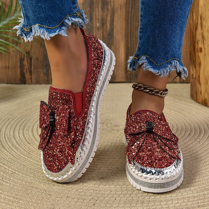 Women Glitter Platform Slippers with Bow Application and Profiled Comfort Sole Mune Fashion