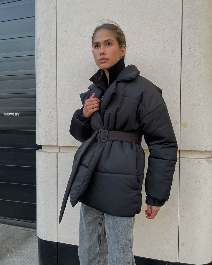 Women Padded Tailored Quilted Jacket with Belt and Hood Mune Fashion