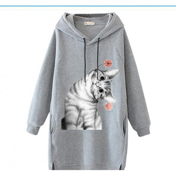 Ladies Oversize Hooded Dress made of Sweat Fabric with Large Cat Print and Side Pockets Mune Fashion