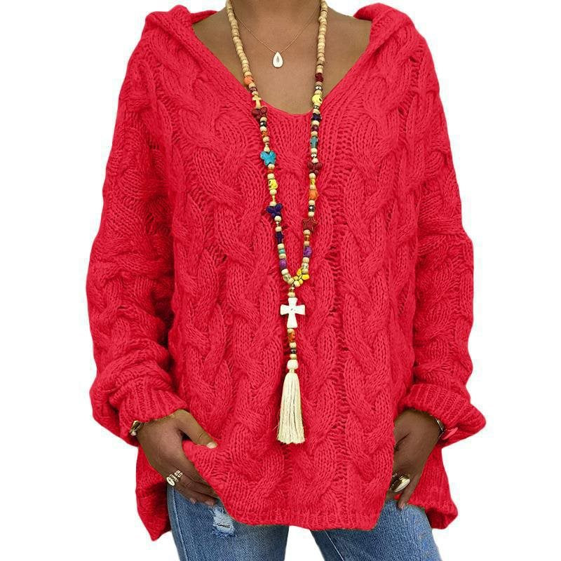 Women Oversized Cable Knit Sweater with Hood and Casual V-Neck Mune Fashion