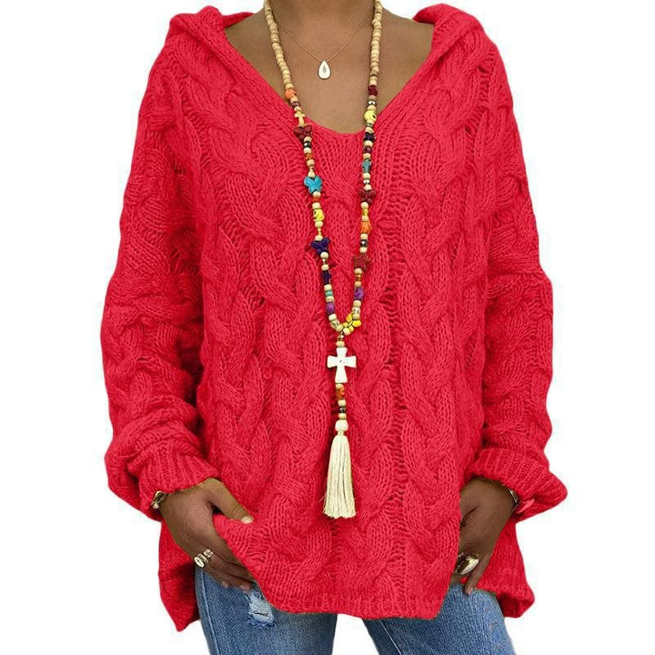 Women Oversized Cable Knit Sweater with Hood and Casual V-Neck Mune Fashion