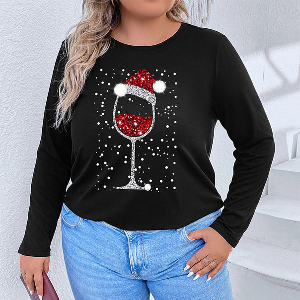 Women's Long Sleeve Shirt with Sparkling Christmas Wine Glass Print Mune Fashion