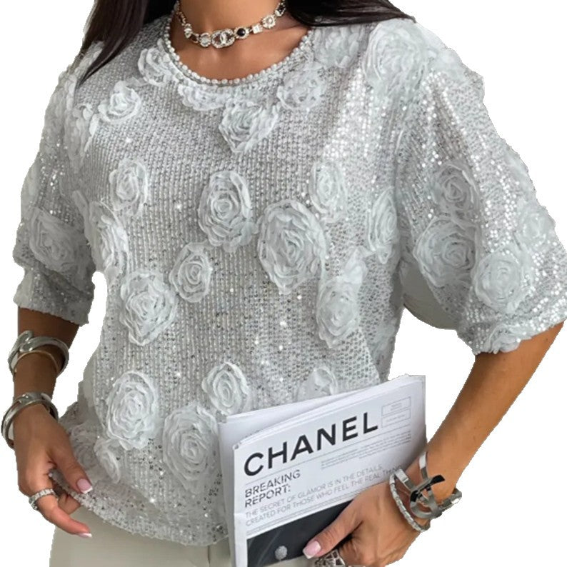 Women nan elegant sequin blouse with three-dimensional rose appliqués, round neckline and half-length sleeves Mune Fashion