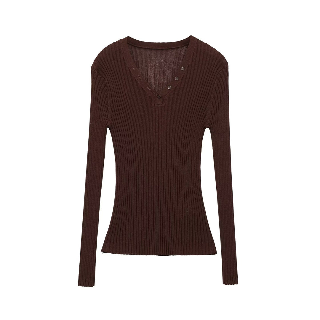 Women Form-fitting Ribbed Long Sleeve with V-neck and Decorative Button Placket Mune Fashion