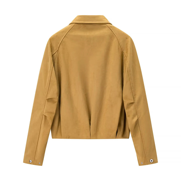 Women's cropped velvet blouse jacket with shirt collar, concealed snap button placket, and elastic hem Mune Fashion