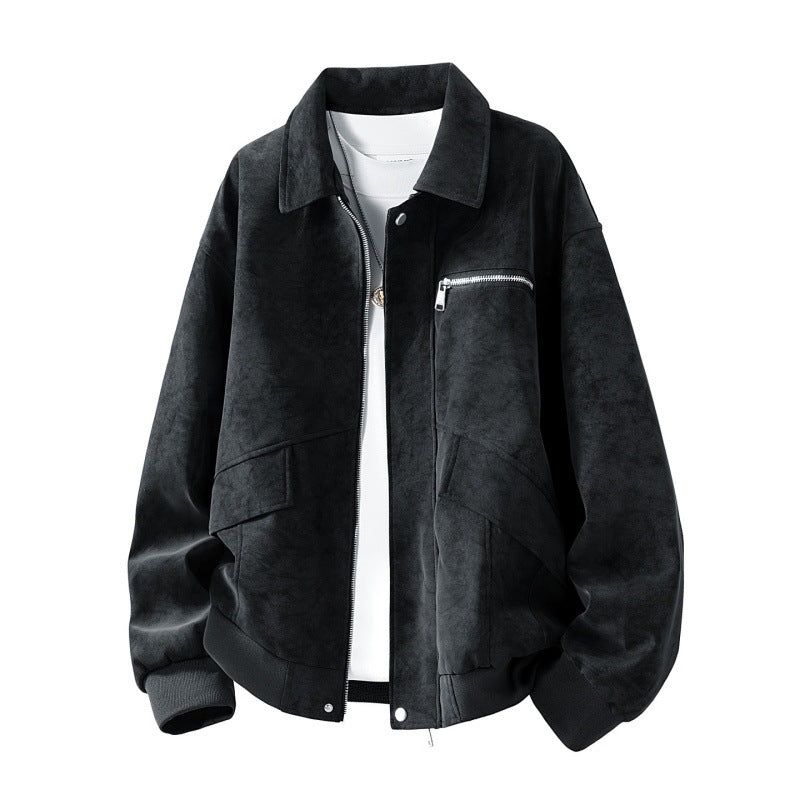 Men's boxy blouson jacket in suede leather look with chest zipper, flap pockets & ribbed hem Mune Fashion
