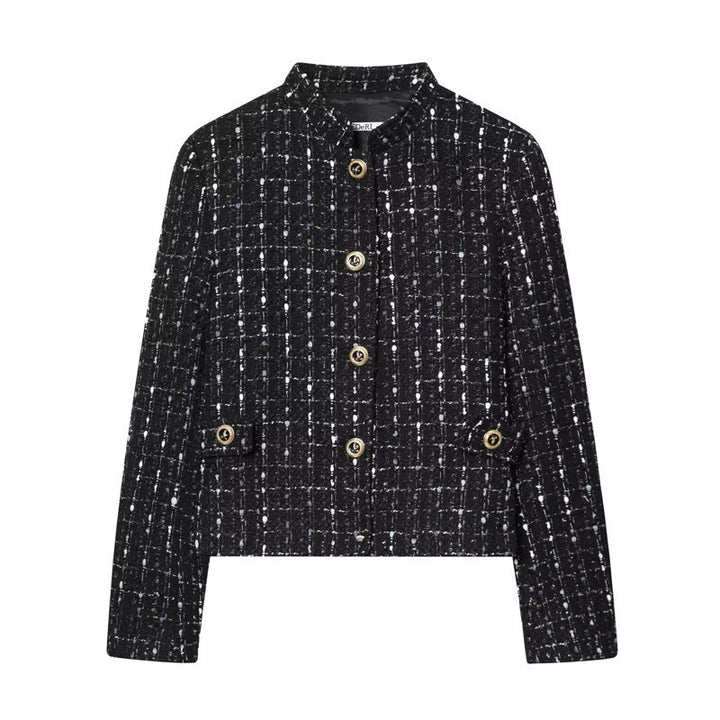 Women's short bouclé tweed jacket with stand-up collar, decorative buttons and patch pockets Mune Fashion