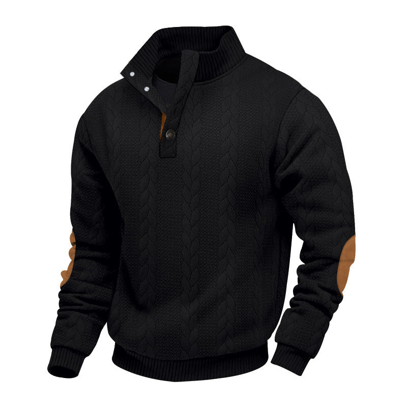 Men's cable knit turtleneck with stand-up collar, half button placket, and contrasting leather applications Mune Fashion