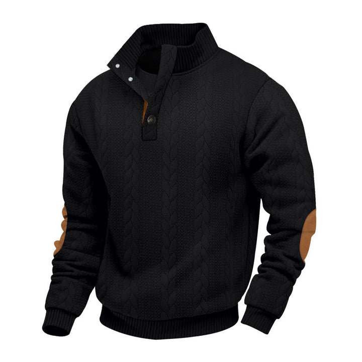Men's cable knit turtleneck with stand-up collar, half button placket, and contrasting leather applications Mune Fashion