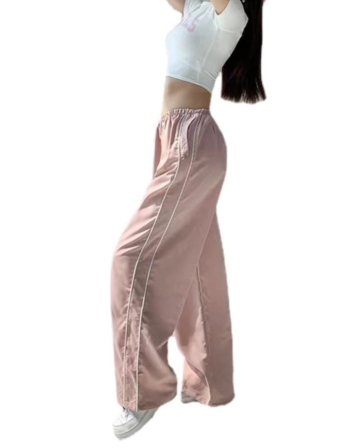 Women's Sporty Palazzo Pants with Elastic Waistband and Contrast Stitching Mune