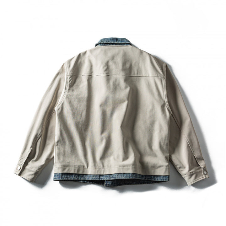 Men's short cut layered look blouson jacket with denim collar Mune Fashion