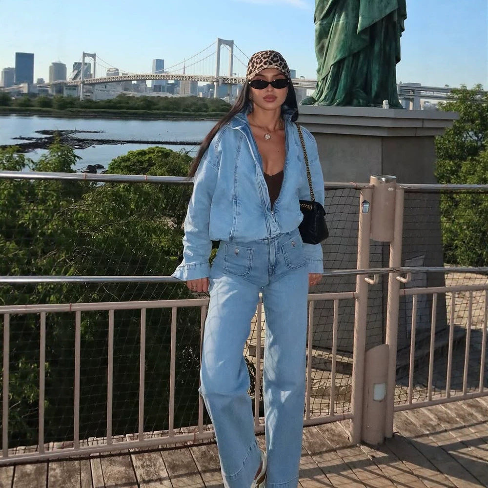 Women's Cropped Denim Jacket in Bomber Style with High Standing Collar and Oversized Sleeves Mune Fashion