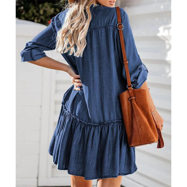 Ladies' casually falling denim shirt dress with ruffle tier and patch pockets Mune Fashion