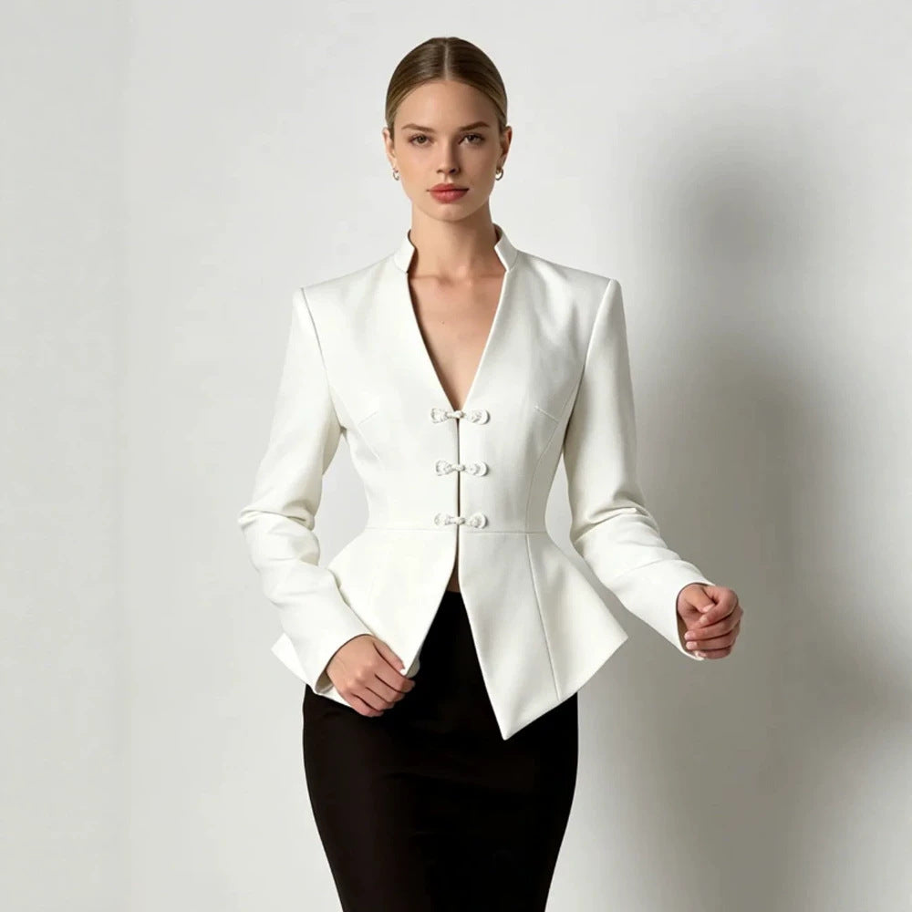 Women's Tailored Peplum Blazer with Mandarin Collar and Decorative Knot Fastenings Mune Fashion