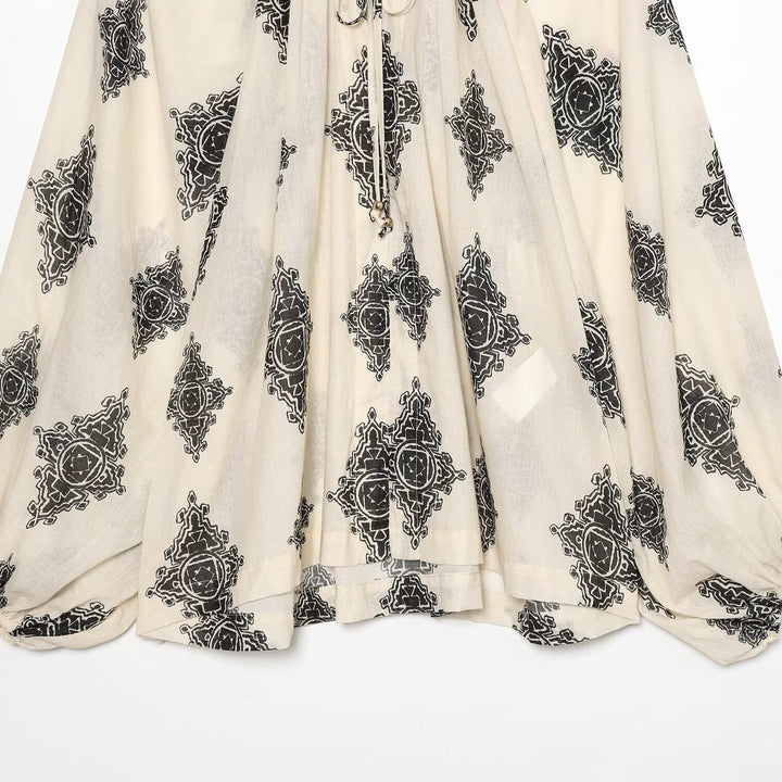 Women's Lightweight Chiffon Tunic with Ruffled Collar, Tie Band and Balloon Sleeves Mune Fashion