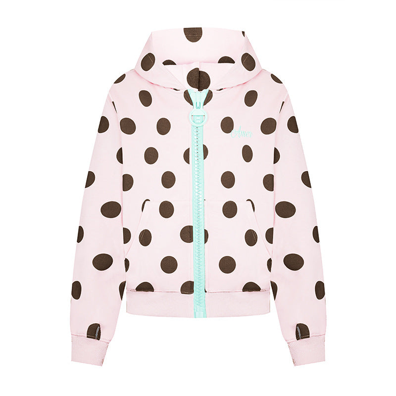 Women's cropped hooded zip jacket with large polka dot pattern and decorative zipper Mune Fashion
