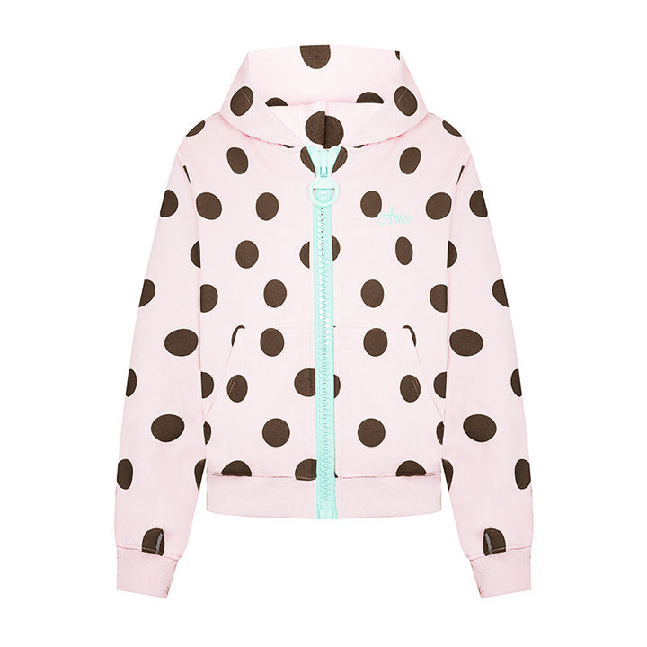 Women's cropped hooded zip jacket with large polka dot pattern and decorative zipper Mune Fashion