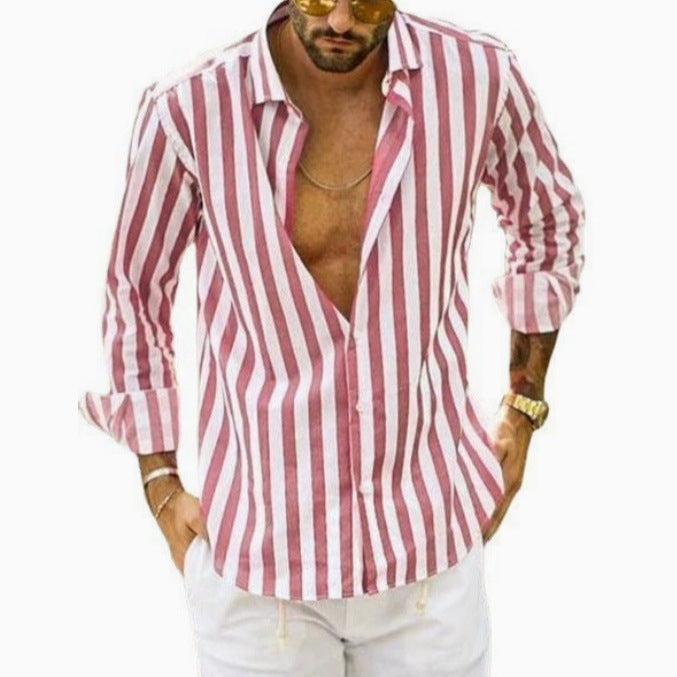 Men's slim fit long sleeve shirt with Kent collar and vertical stripe pattern Mune Fashion