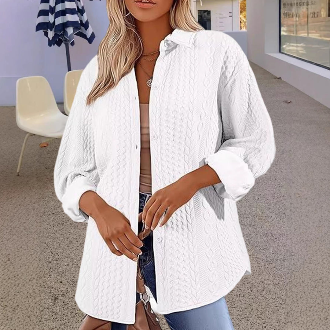 Women Oversized Knit Shirt Jacket with Cable Pattern and Button Placket Mune Fashion