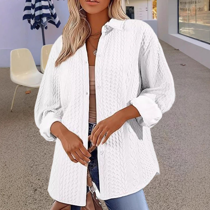 Women Oversized Knit Shirt Jacket with Cable Pattern and Button Placket Mune Fashion
