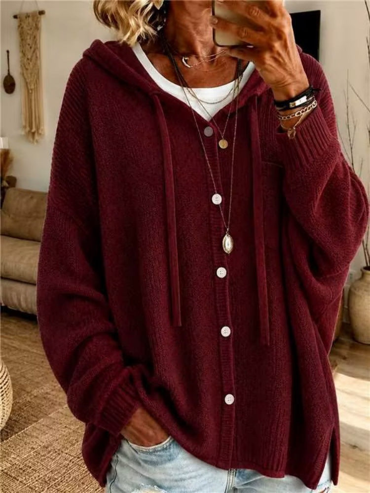 Womens Hooded Cardigan made of textured fine knit with button placket Mune Fashion