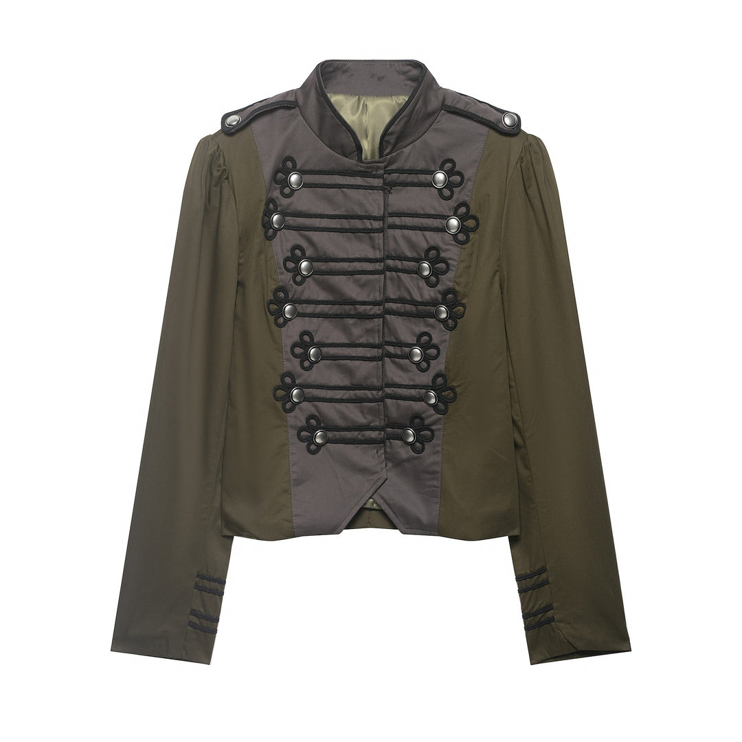 Ladies short jacket in military style with stand-up collar, decorative frog and epaulettes Mune Fashion