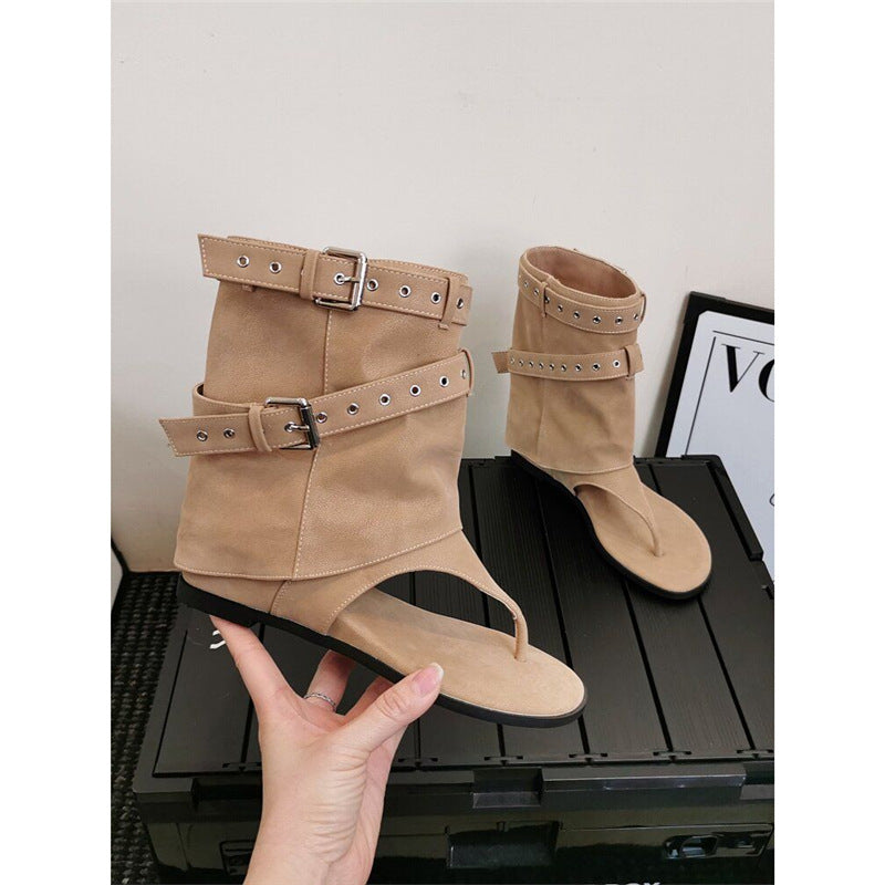 Women's ankle-high toe-post sandals in biker look with double belt and eyelet trim Mune Fashion