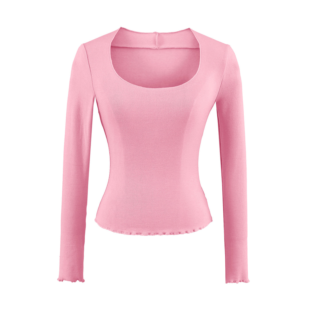 Women Fitted Long Sleeve Fine Knit Top with Square Neckline and Wave Hem Mune Fashion