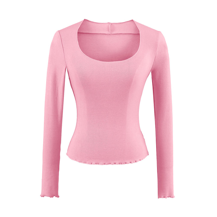 Women Fitted Long Sleeve Fine Knit Top with Square Neckline and Wave Hem Mune Fashion