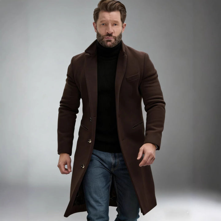 Men's Elegant Single-Breasted Long Coat Made of Wool Blend with Slim Silhouette and Lapel Collar Mune Fashion